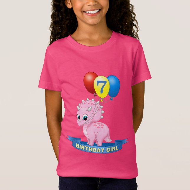 Cute 7th Birthday Girl Pink Baby Triceratops Dino T-Shirt (Front)