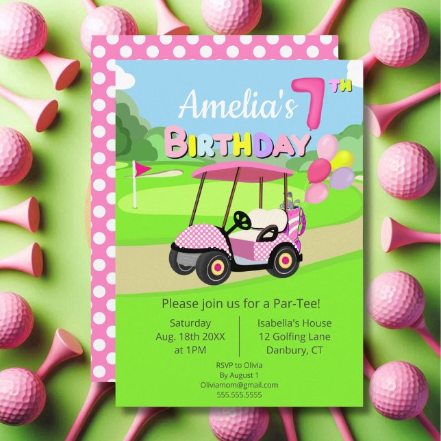 Cute 7th Birthday Polka Dot Pink Girly Golf  Invitation (Creator Uploaded)