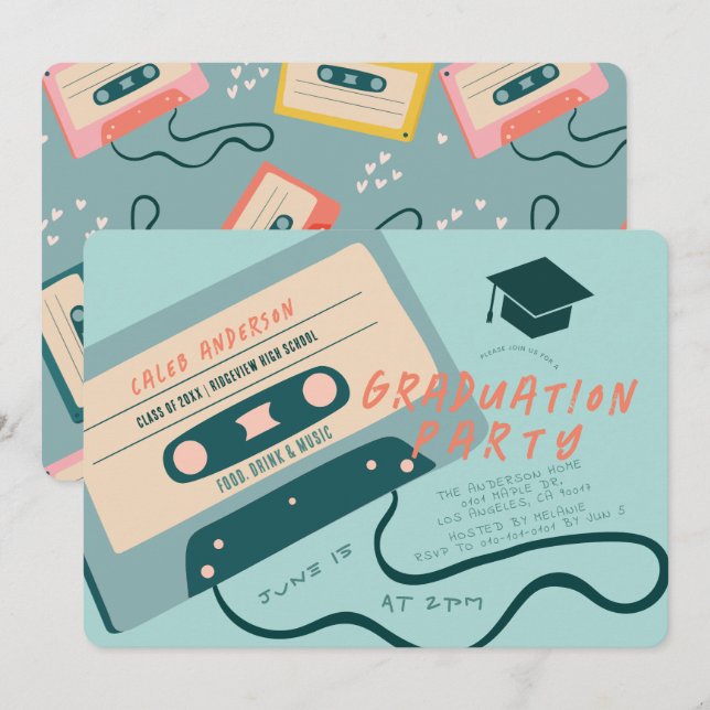 Cute 80's Blue Cassette Tape Music Graduation Invitation (Front/Back)