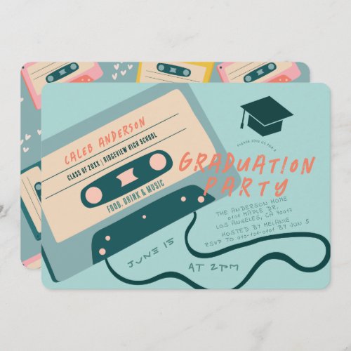Cute 80s Blue Cassette Tape Music Graduation Invitation