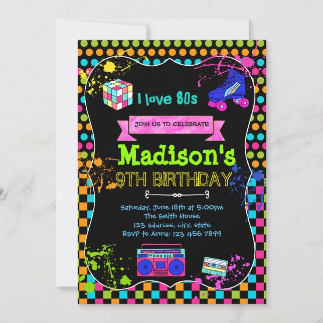 Cute 80s party birthday invitation (Front)