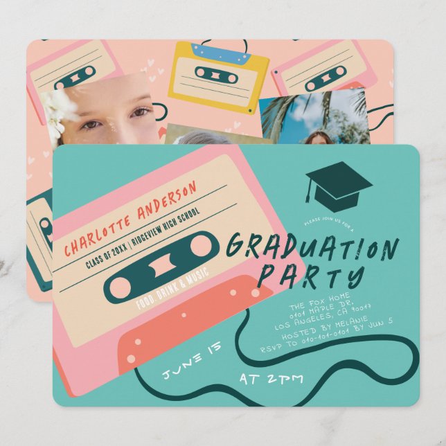 Cute 80's Pink Cassette Tape Graduation Photo Invitation (Front/Back)