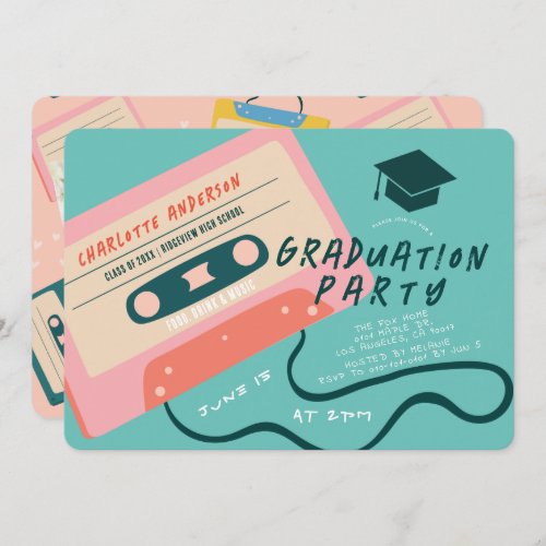 Cute 80s Pink Cassette Tape Graduation Photo Invitation