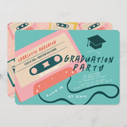 Cute 80s Pink Cassette Tape Music Graduation Invitation