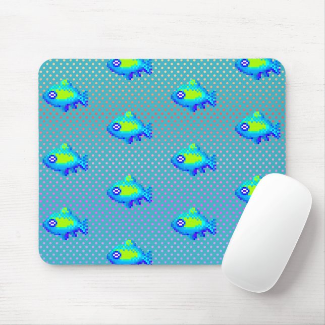 Cute 8 Bit Pixel Art Blue Green Fishes Geeky Gamer Mouse Pad (With Mouse)