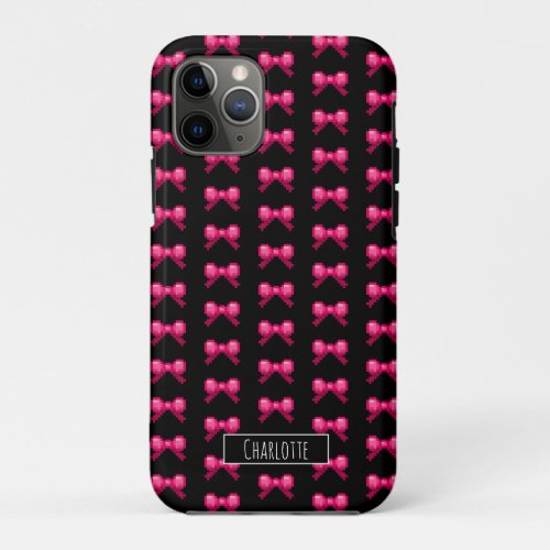 Cute 8bit Pink Bow Tie Ribbon Pattern Name Black  iPhone 11 Pro Case