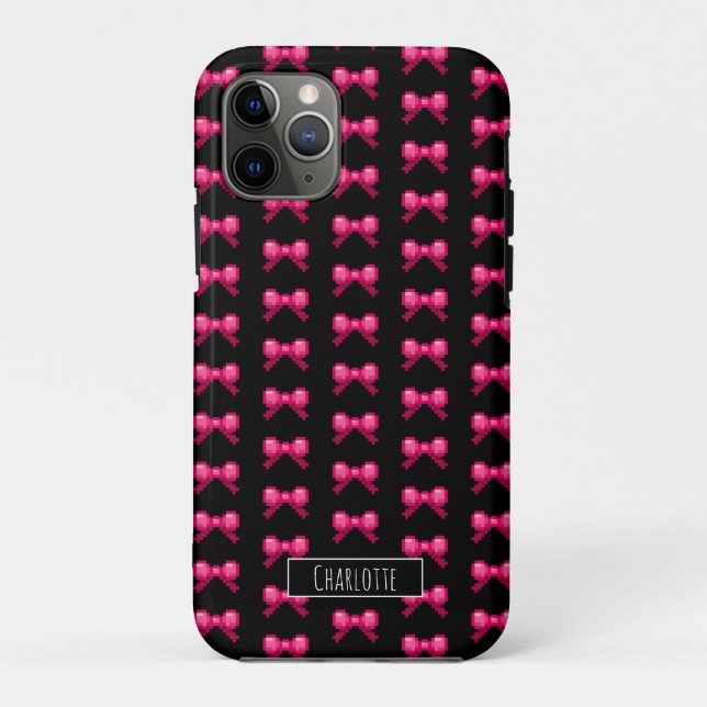 Cute 8bit Pink Bow Tie Ribbon Pattern Name Black  Case-Mate iPhone Case (Back)