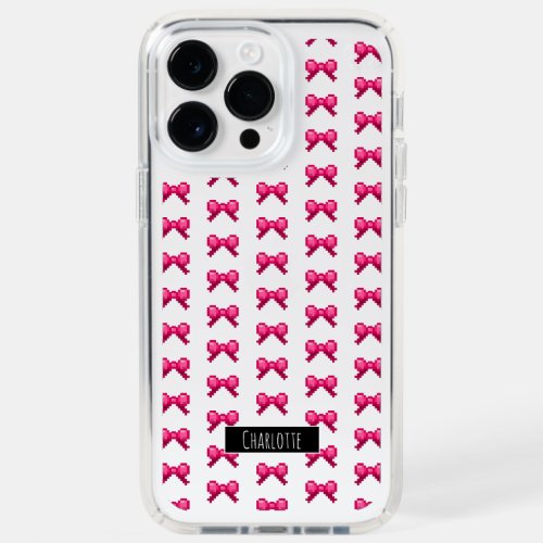 Cute 8bit Pink Bow Tie Ribbon Pattern Name Black Speck iPhone 14 Pro Max Case