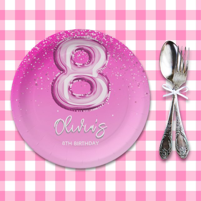 Cute 8th Birthday Girl Number Balloon Paper Plates (Creator Uploaded)