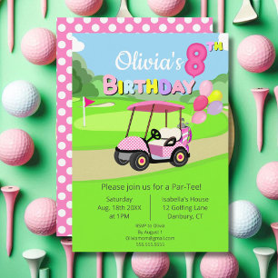 Cute 8th Birthday Polka Dot Pink Girly Golf Invitation