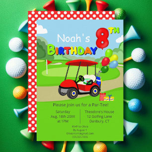 Cute 8th Birthday Red Golf Cart Boy's Invitation