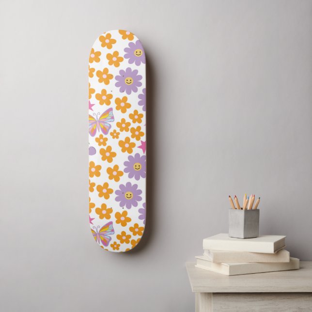 Cute 90s Flowers Butterflies Orange Purple Groovy  Skateboard (Wall Art)