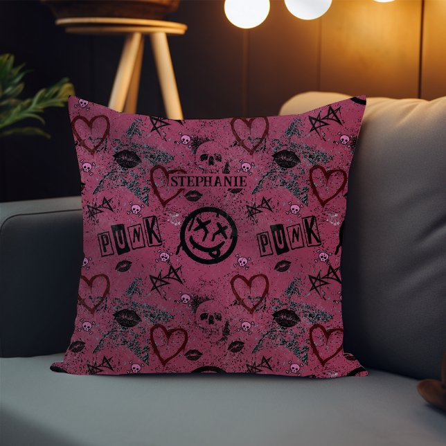 Cute 90s Retro Pink Girly Punk Throw Pillow (Creator Uploaded)