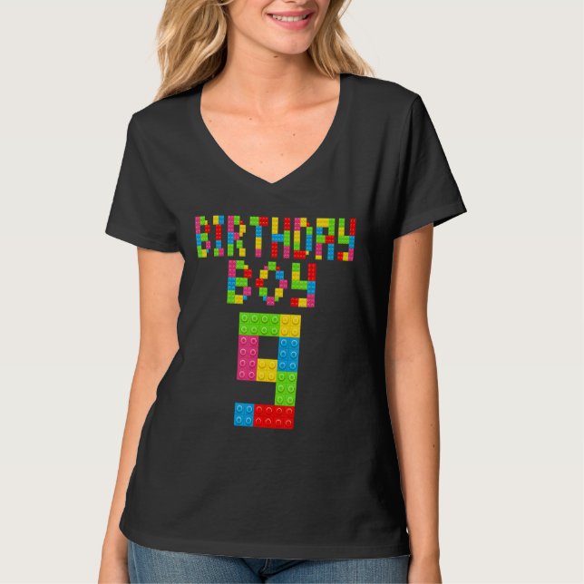 Cute 9th Birthday 9 Years Old Block Building Boys  T-Shirt (Front)