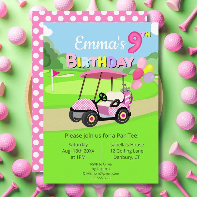 Cute 9th Birthday Polka Dot Pink Girly Golf  Invitation (Creator Uploaded)