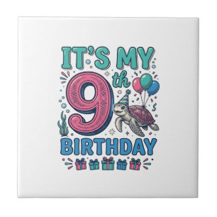Cute 9th Birthday Turtle Vintage Kids Shirt Design Ceramic Tile