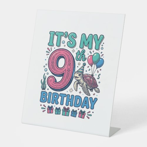 Cute 9th Birthday Turtle Vintage Kids Shirt Design Pedestal Sign