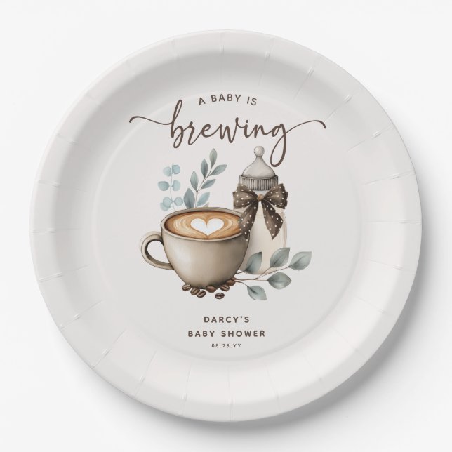 Cute 'a Baby is Brewing' Coffee Baby Shower Paper Plates (Front)
