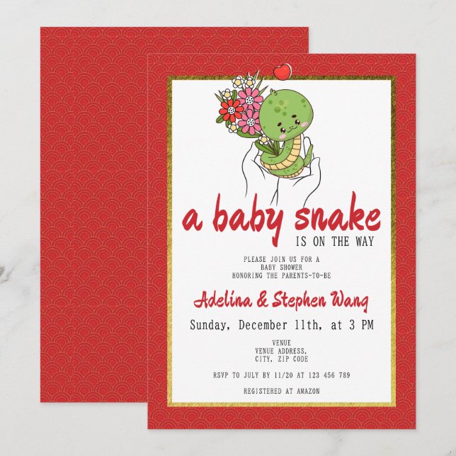 Cute A Baby Snake Is On The Way Red Baby Shower Invitation (Front/Back)