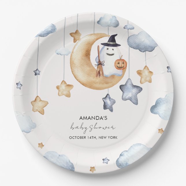 Cute A Little Boo Moon Stars Baby Shower  Paper Plates (Front)