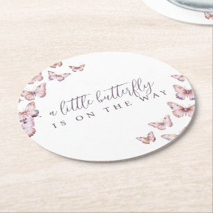 Cute A Little Butterfly Is On The Way Baby Shower Round Paper Coaster