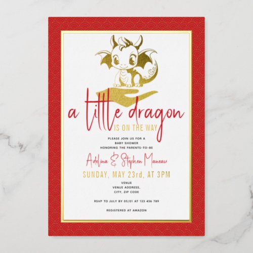 Cute A Little Dragon Is On The Way Red Baby Shower Foil Invitation
