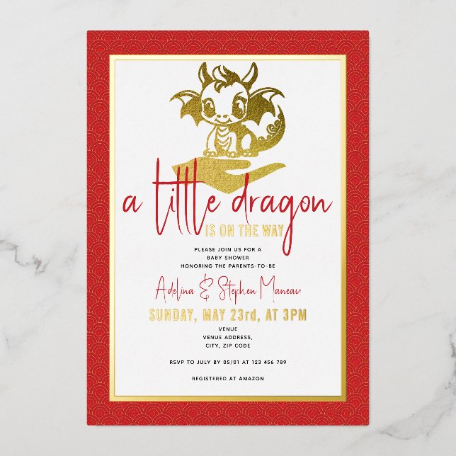 Cute A Little Dragon Is On The Way Red Baby Shower Foil Invitation (Front)