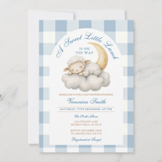 Cute A little lamb baby shower Boho Blue gingham Invitation