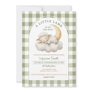 Cute A little lamb baby shower Boho green gingham  Invitation