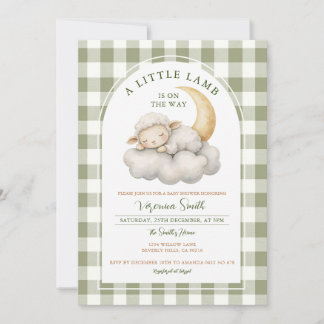 Cute A little lamb baby shower Boho green gingham  Invitation