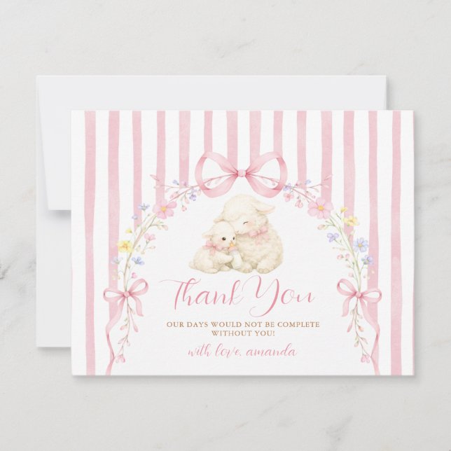 Cute A little lamb baby shower Pink Bow Gingham Thank You Card (Front)