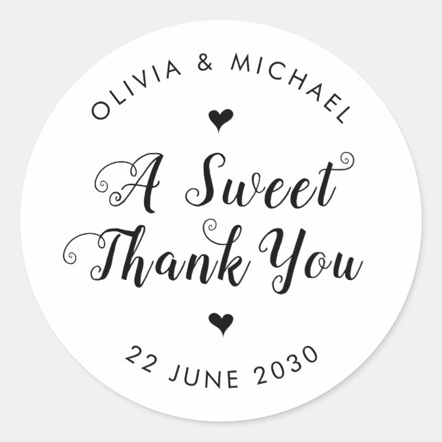 Cute A Sweet Thank You Simple Black Wedding Favor Classic Round Sticker (Front)