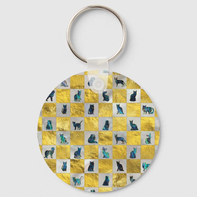 Cute Abalone Shell  Cat Pattern with gold Keychain (Front)