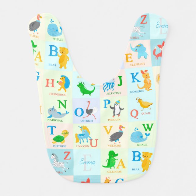 Cute ABC Animal Alphabet Pattern with First Name Baby Bib (Front)