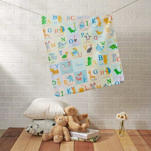 Cute ABC Animal Alphabet Pattern with First Name Baby Blanket (In Situ)