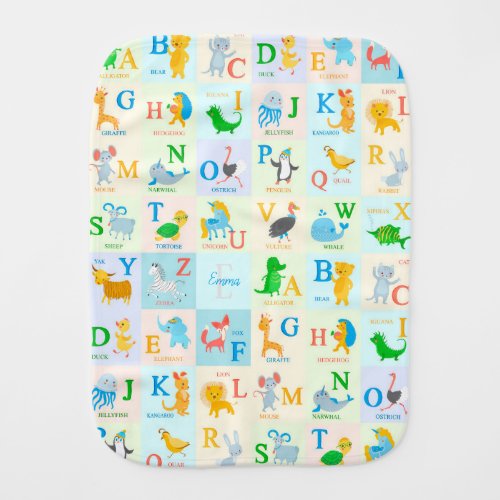 Cute ABC Animal Alphabet Pattern with First Name Baby Burp Cloth