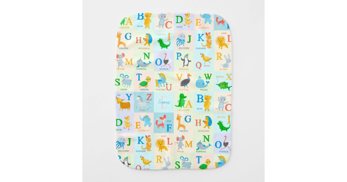 Cute ABC Animal Alphabet Pattern with First Name Baby Burp Cloth | Zazzle