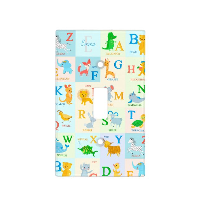 Cute ABC Animal Alphabet Pattern with First Name Light Switch Cover (Front)