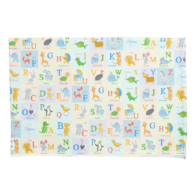 Cute ABC Animal Alphabet Pattern with First Name Pillow Case (Front)
