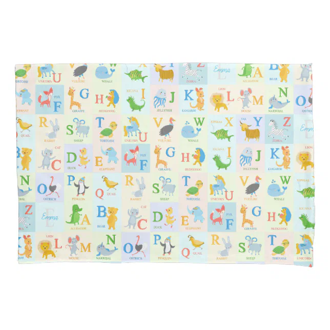 Cute ABC Animal Alphabet Pattern with First Name Pillow Case | Zazzle