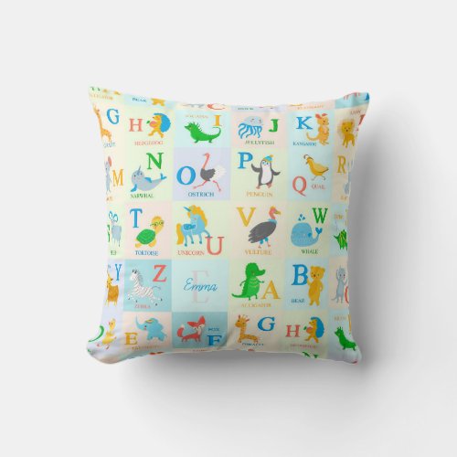 Cute ABC Animal Alphabet Pattern with First Name Throw Pillow