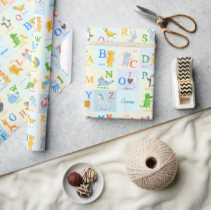 Cute ABC Animal Alphabet Pattern with First Name Wrapping Paper