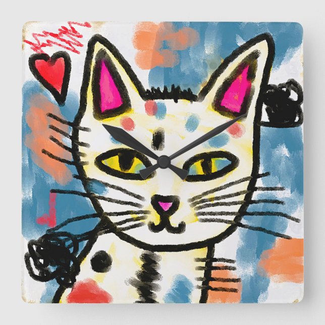 Cute Abstract Art Cat Painting Square Wall Clock (Front)