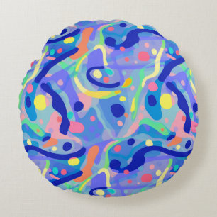 Cute Abstract Blue Pastel Neon Repeating Pattern Round Pillow