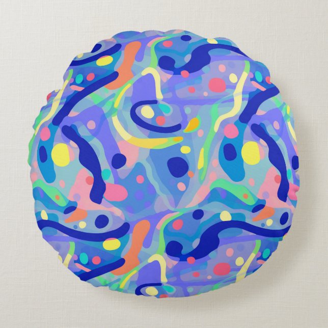 Cute Abstract Blue Pastel Neon Repeating Pattern Round Pillow (Front)