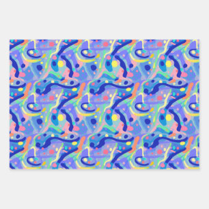 Cute Abstract Blue Pastel Neon Repeating Pattern Wrapping Paper Sheets