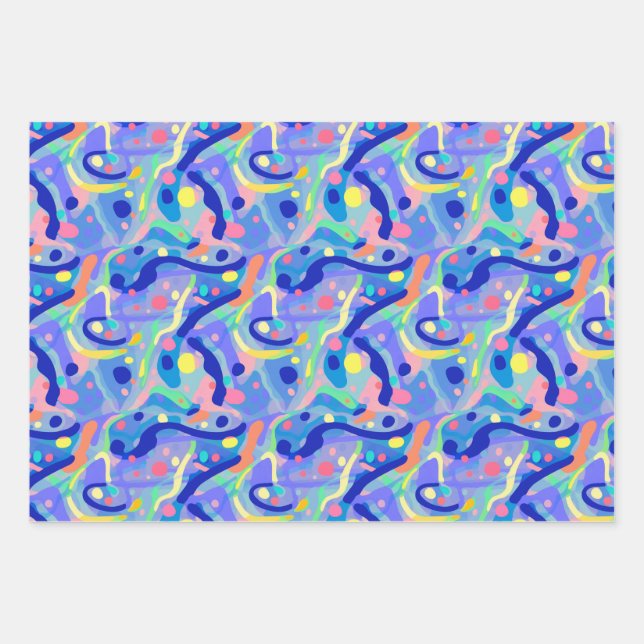 Cute Abstract Blue Pastel Neon Repeating Pattern Wrapping Paper Sheets (Front)