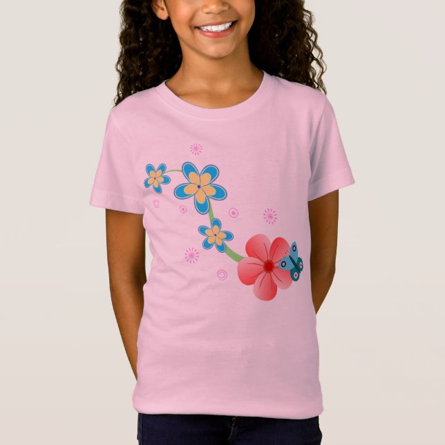 Cute Abstract Butterfly on Pink and Blue Flowers T-Shirt (Front)