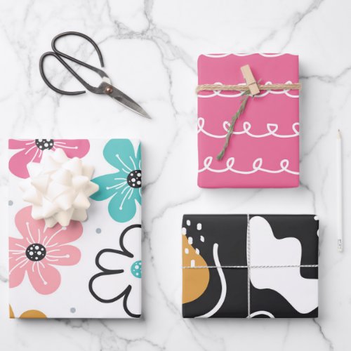 Cute Abstract Doodle Floral Stripes Wrapping Paper Sheets