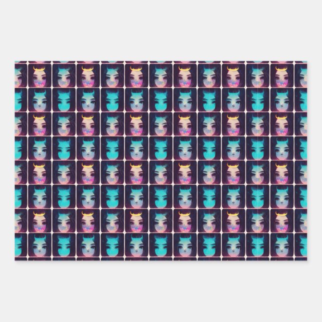 Cute Abstract Girl With Horns Pattern Wrapping Paper Sheets (Front)